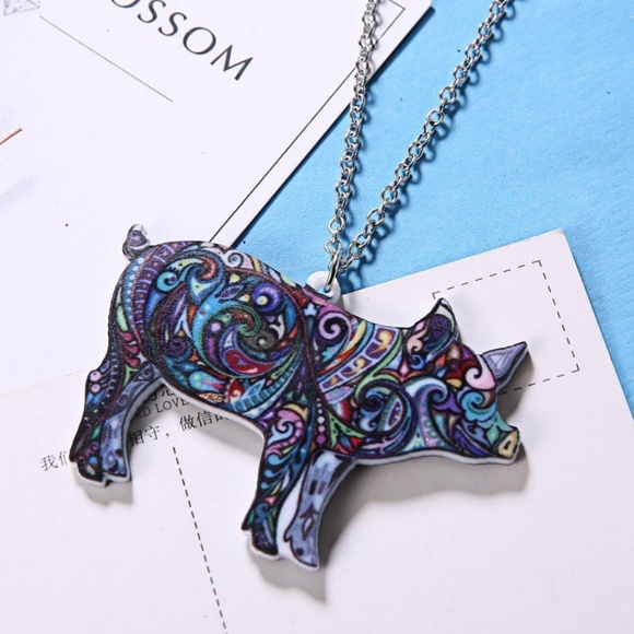 BOHO paisley PIG farm animal necklace - Picture 3 of 4